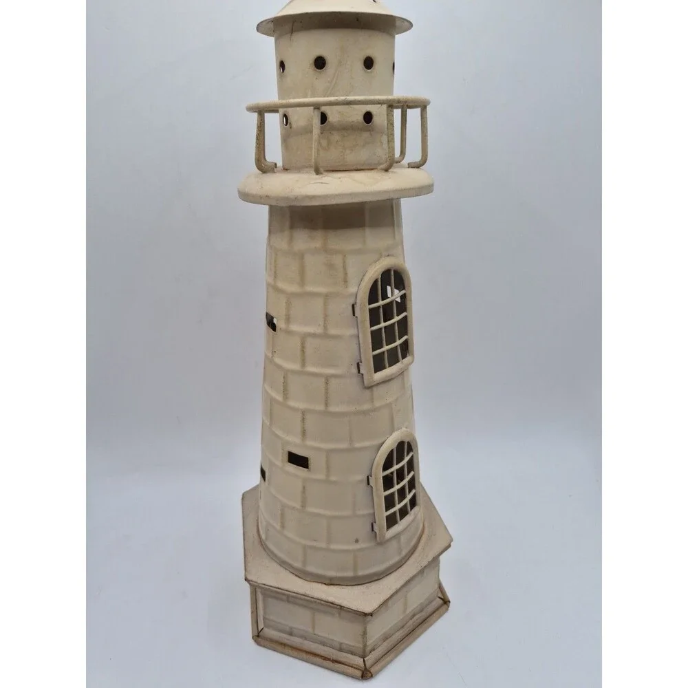 Distressed Metal Antique White Lighthouse Votive Holder Preowned Nautical 14